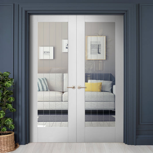 Internal White Primed Cottage 1 Light Clear Glass with Obscure Lines Pair Door (121407)