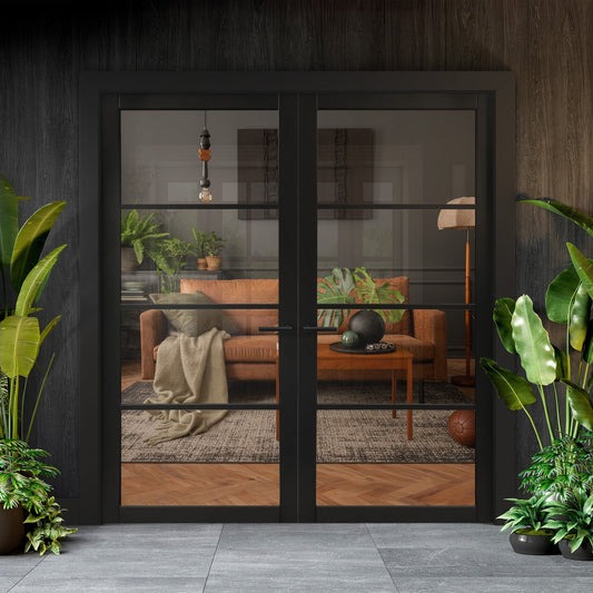 Jet Black Internal Fully Finished Industrial Studio 4 Light Clear Glass Pair Door (121351)