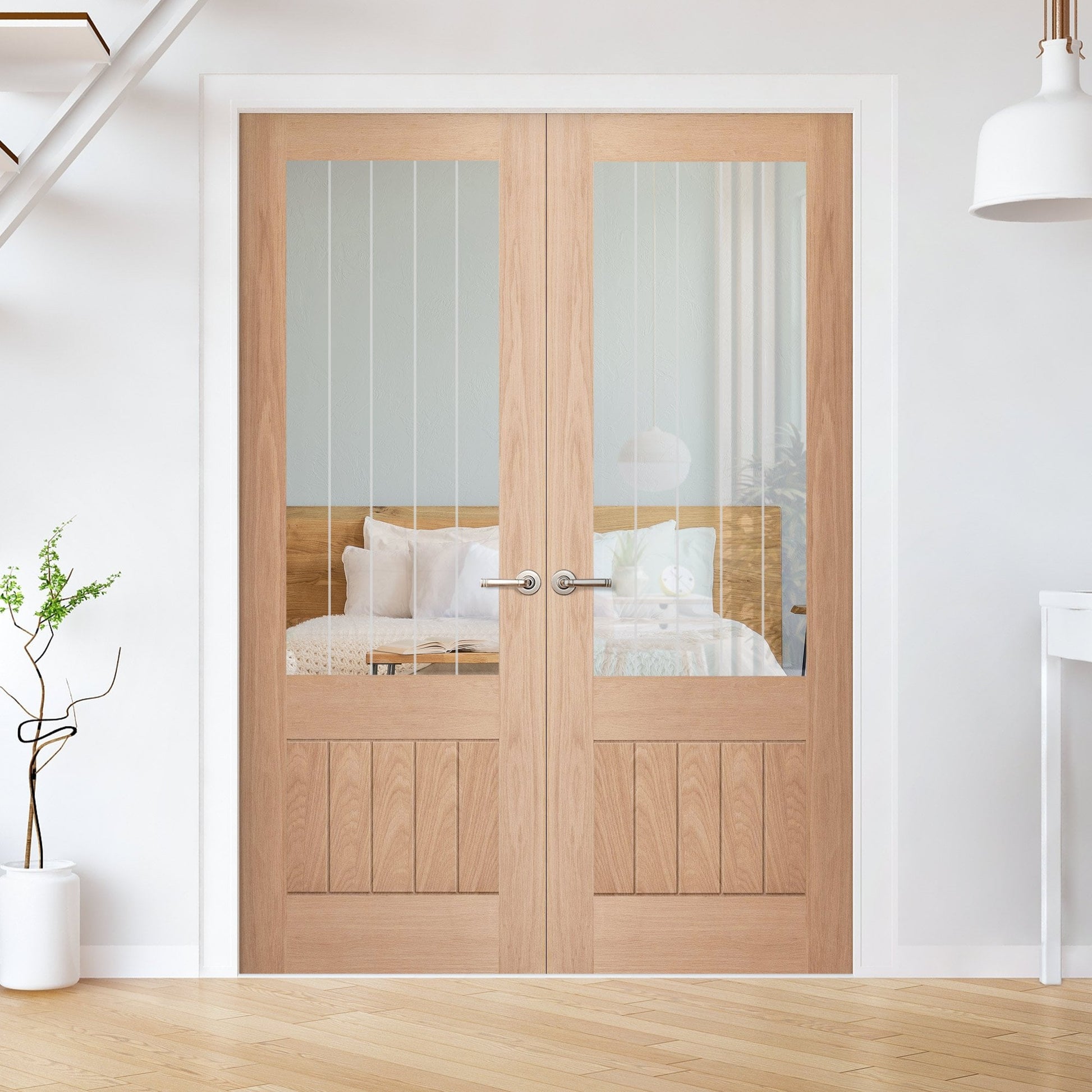 Internal Oak Unfinished Farley 1 Panel 1 Light Obscure Lined Glazed Pair Door (121377)