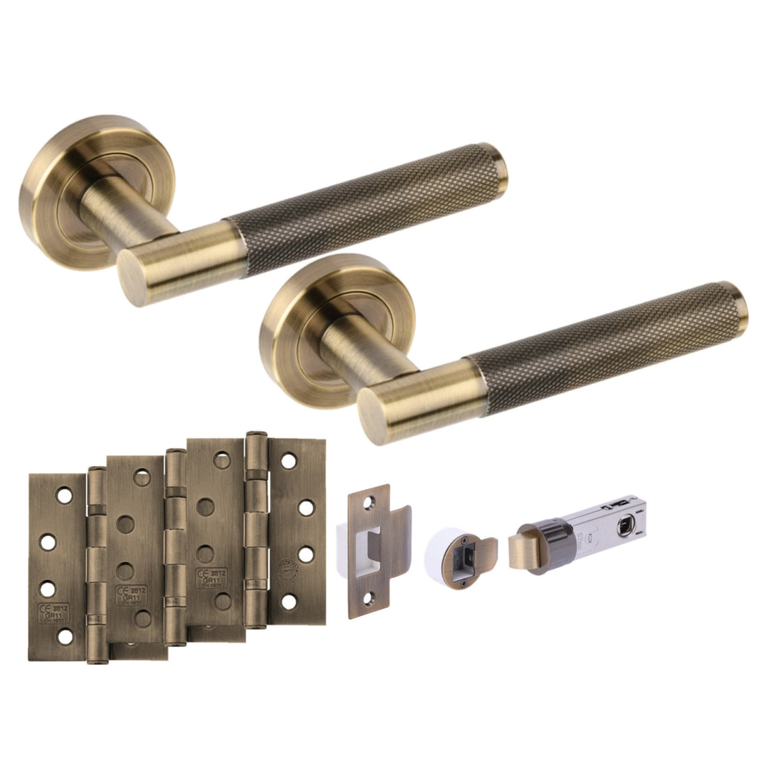 Leader Knurled Round Rose Lever Fire Rated Door Handle Set - Antique Bronze