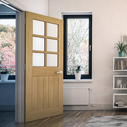 B-Grade Oak Internal Unfinished Ely 1 Panel 6 Light Bevelled Clear Glass Door (38416)