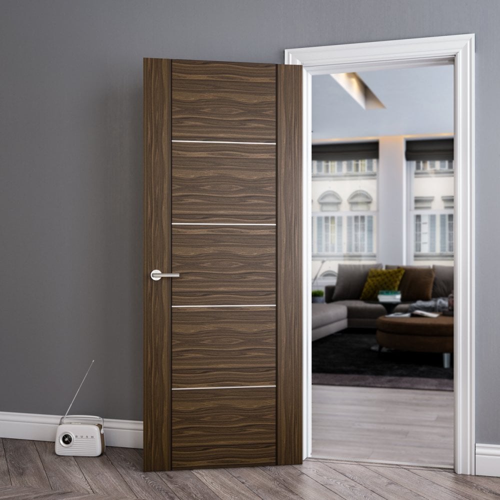 B-Grade Walnut Internal Fully Finished Valencia 5 Panel FD30 Fire Door with Aluminium Horizontal Inlays (47900)