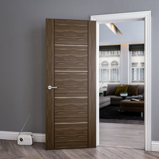B-Grade Walnut Internal Fully Finished Valencia 5 Panel FD30 Fire Door with Aluminium Horizontal Inlays (47900)