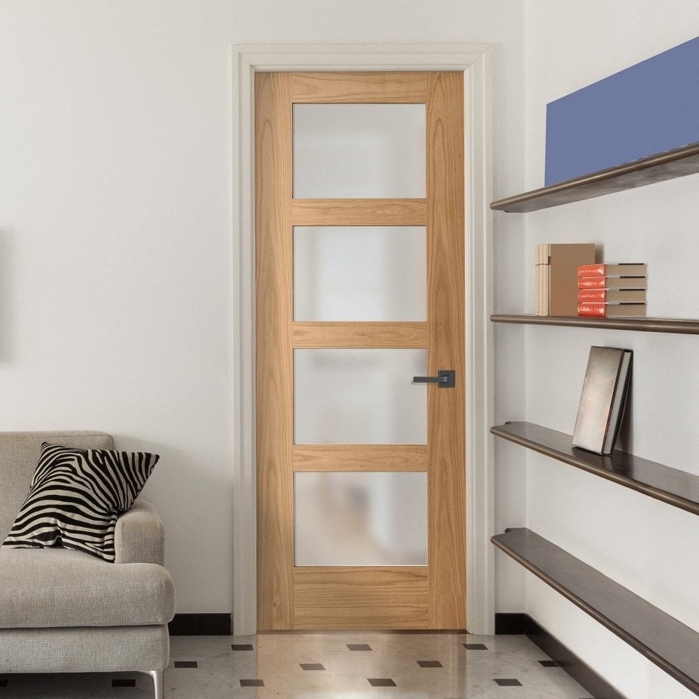 Oak Internal Unfinished Shaker 4 Light Obscure Glass Made-to-Measure FD30 Fire Door (122635)