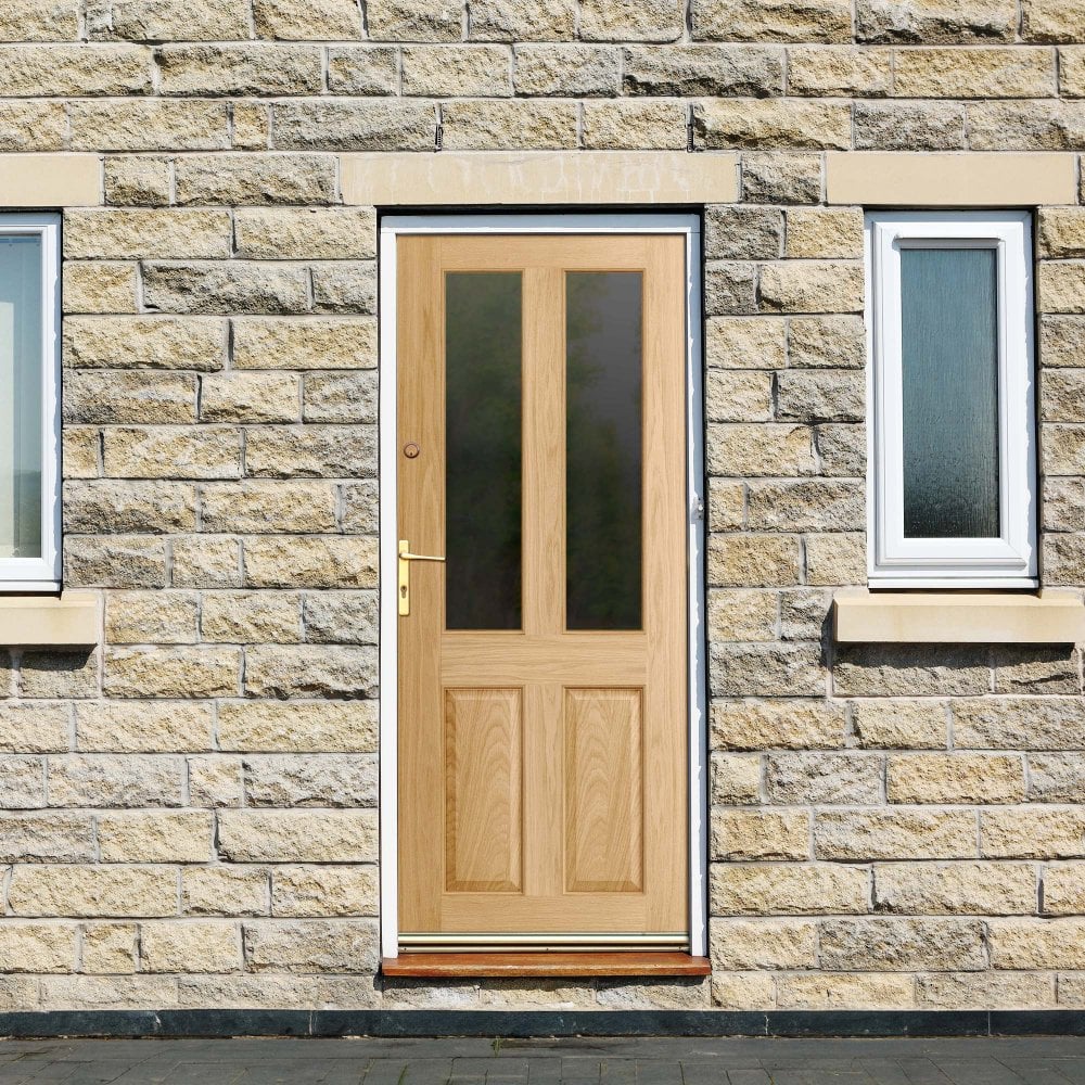 Oak External Unfinished 4 Panel 2 Light Obscure Glass Door (EXTOAK4POBS)