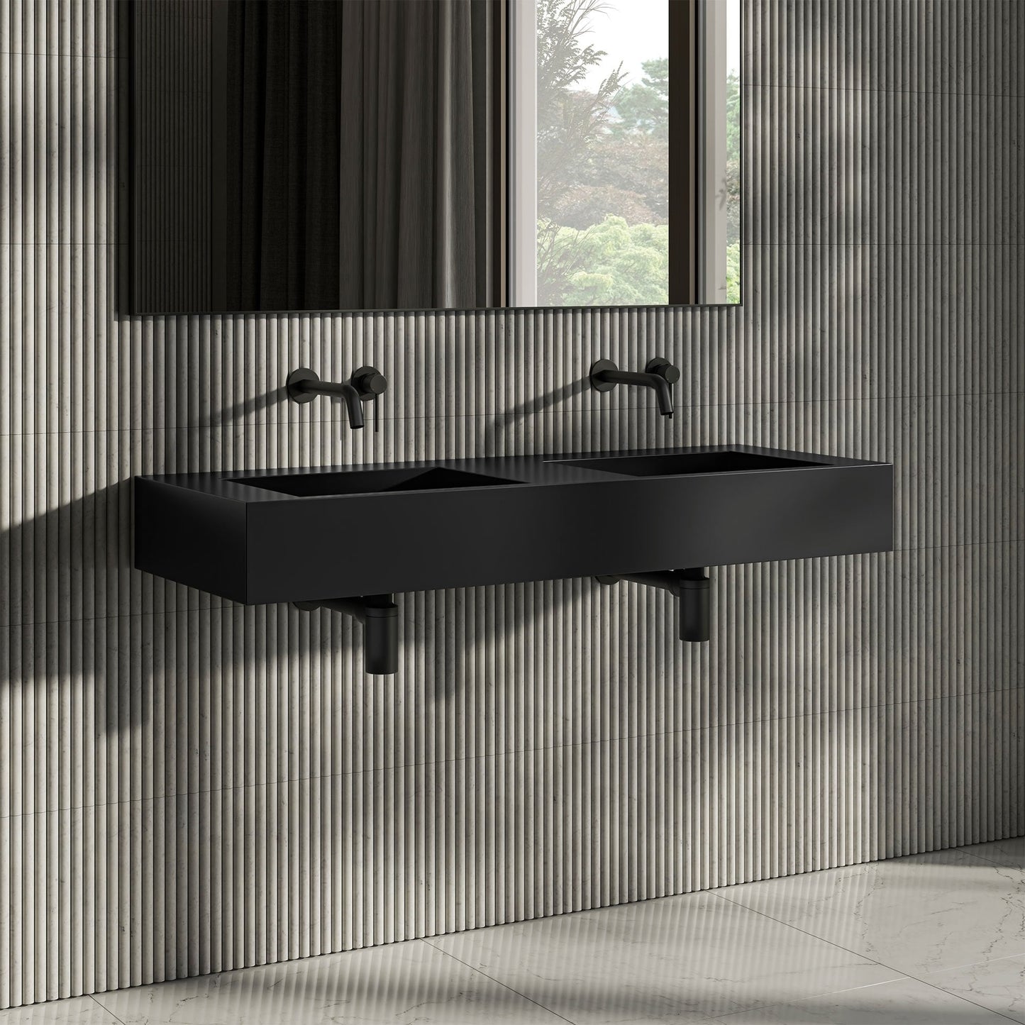 VIvienne Matt Black Wall Hung Double Stone Basin 1200mm