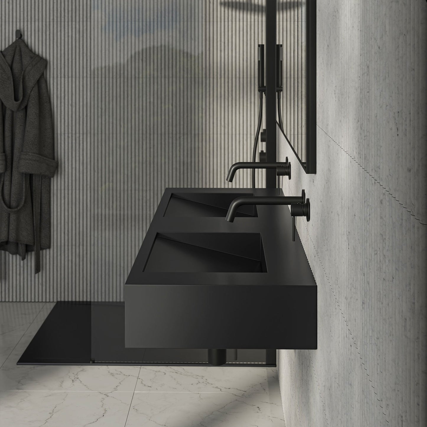 VIvienne Matt Black Wall Hung Double Stone Basin 1200mm