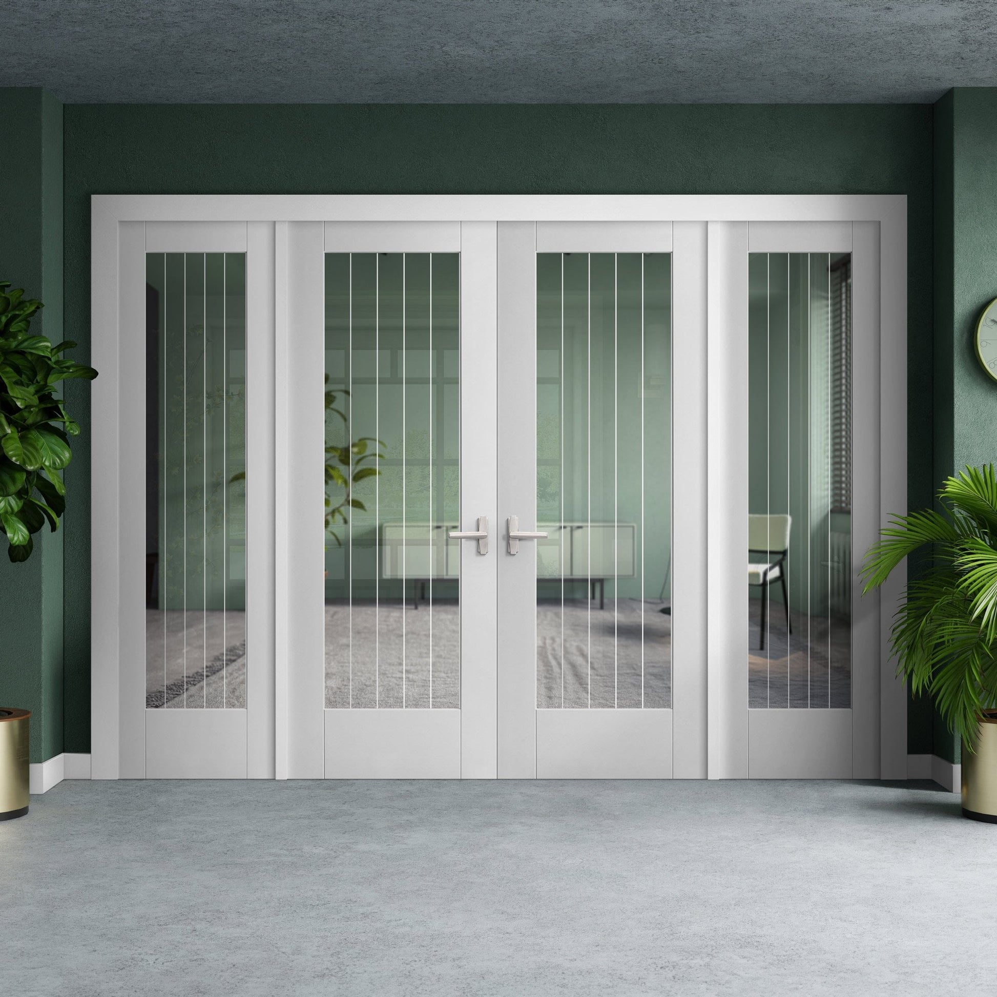 White Primed Internal Cottage 1 Light Clear Glass with Obscure Lines Sidelight Room Divider Set (123151)