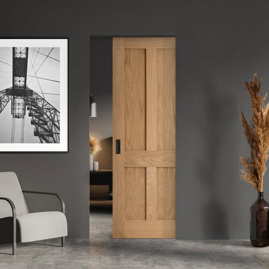 Oak Unfinished Victorian 4 Panel Flat Framed Pocket Door Set (123224)