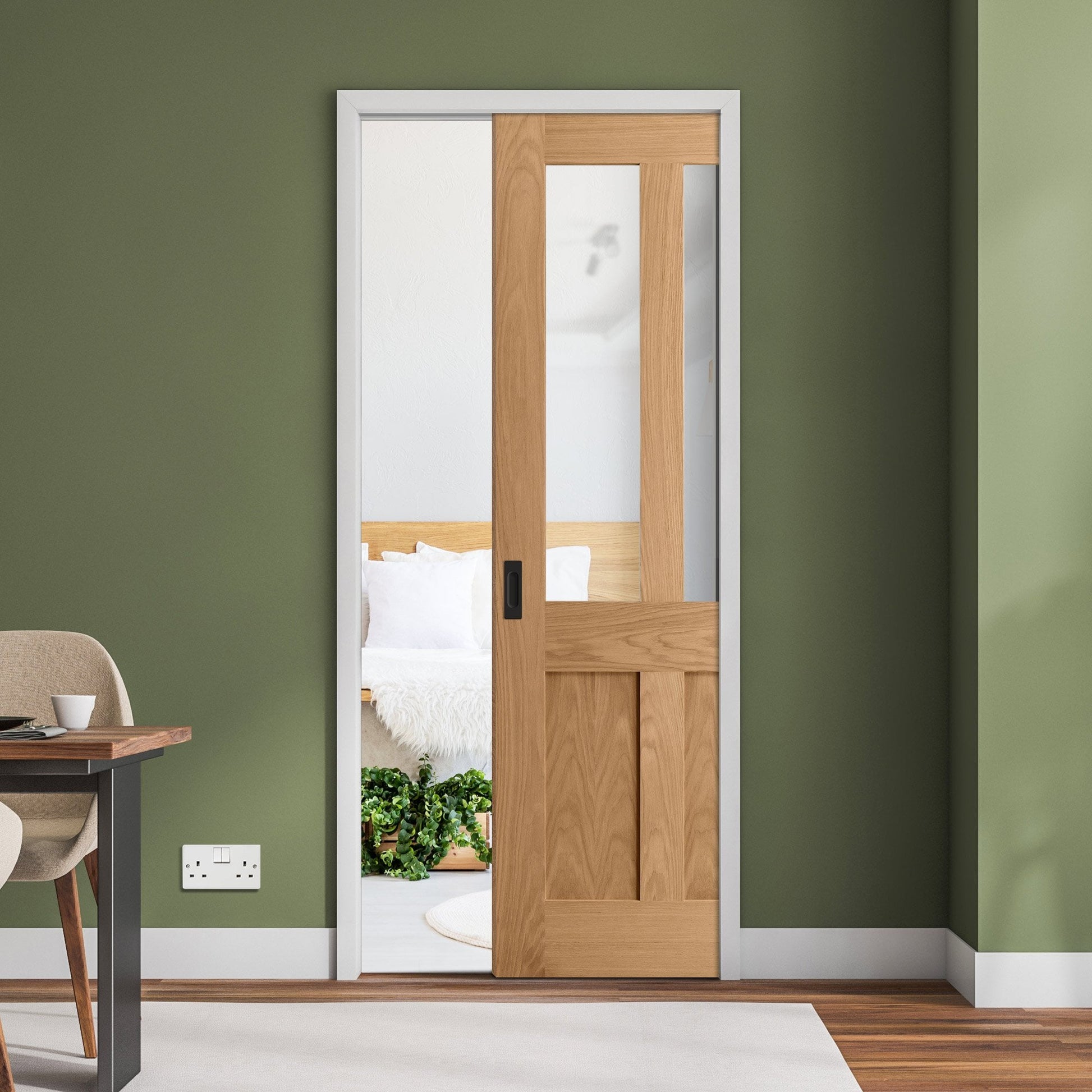 Oak Unfinished Victorian Shaker 2 Panel 2 Light Clear Glass Framed Pocket Door Set (123225)