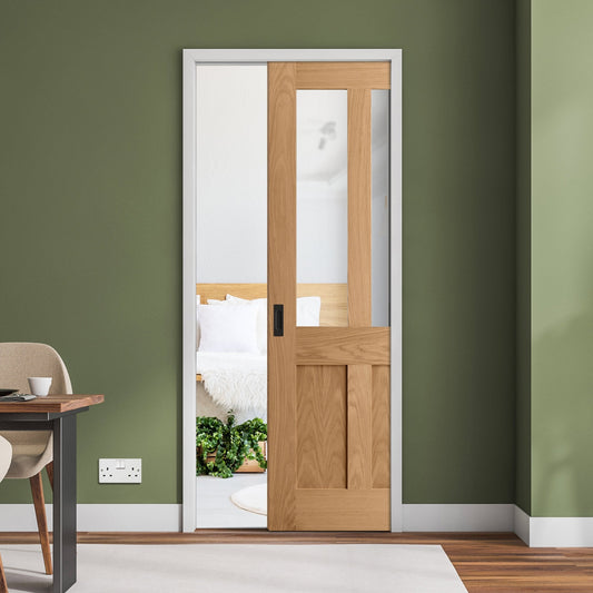Oak Unfinished Victorian Shaker 2 Panel 2 Light Clear Glass Framed Pocket Door Set (123225)