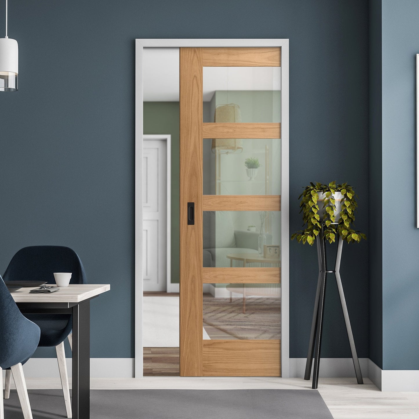 Oak Unfinished Shaker 4 Light Clear Glass Framed Pocket Door Set (123215)