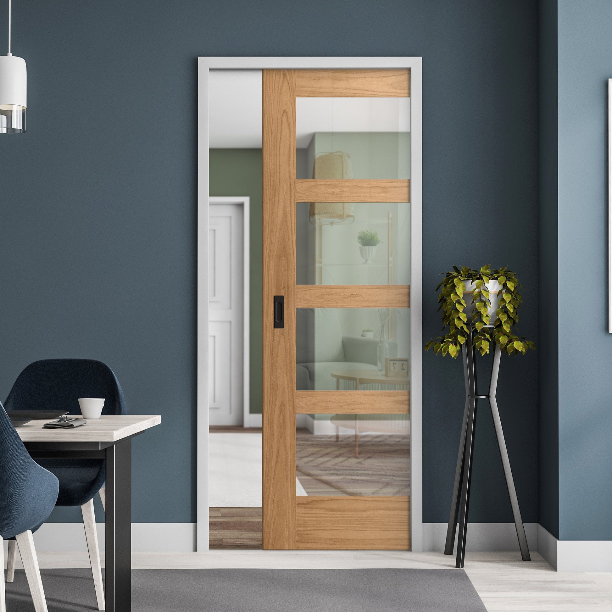 Oak Unfinished Shaker 4 Light Clear Glass Framed Pocket Door Set (123215)