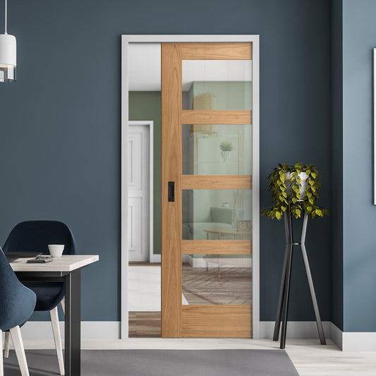 Oak Unfinished Shaker 4 Light Clear Glass Framed Pocket Door Set (123215)