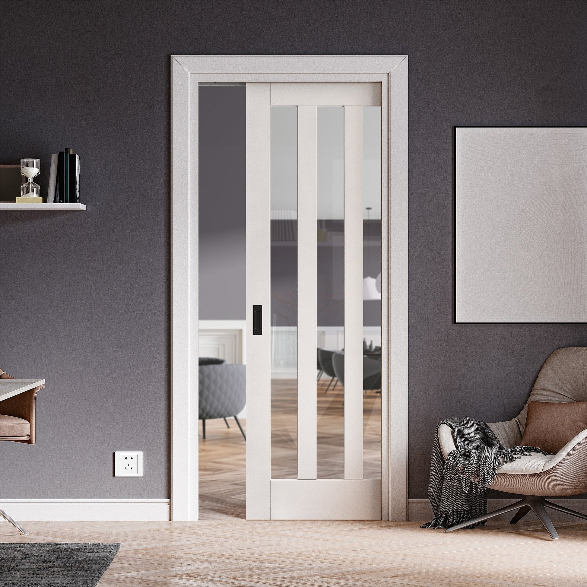 White Primed Internal Ashton 3 Light Clear Glass Framed Pocket Door Set (123237)