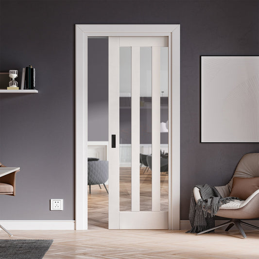 White Primed Internal Ashton 3 Light Clear Glass Framed Pocket Door Set (123237)