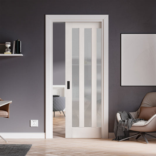 White Primed Internal Ashton 3 Light Obscure Glass Framed Pocket Door Set (123238)