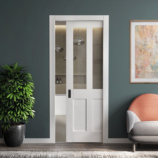 White Primed Internal Victorian 2 Panel 2 Light Clear Glass Framed Pocket Door Set (123275)