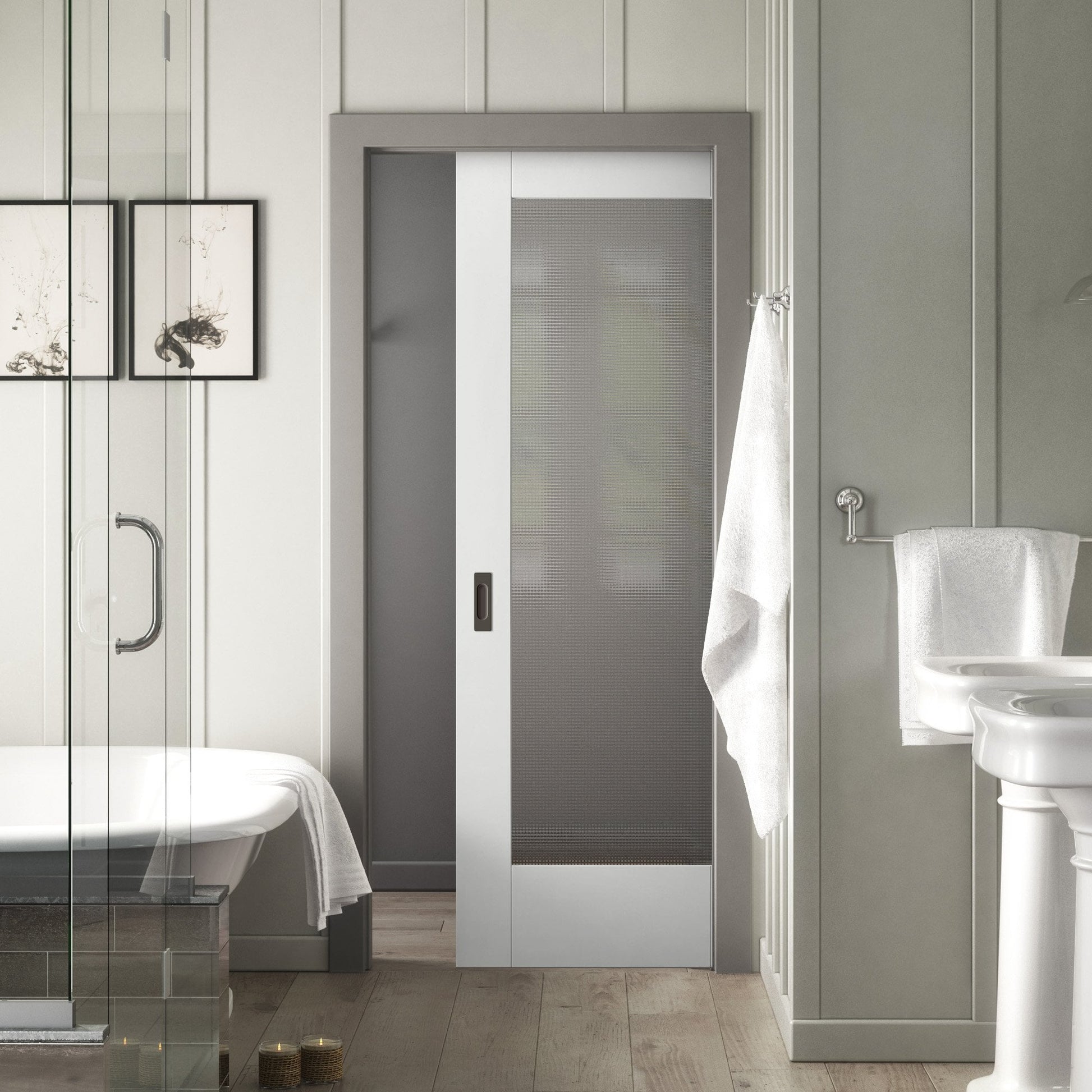White Primed Internal Pattern 10 Ocean Glass Framed Pocket Door Set (123261)