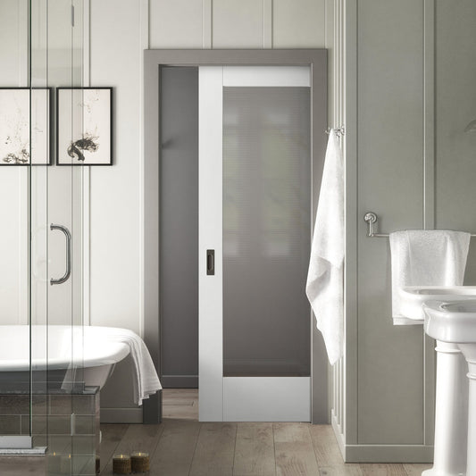 White Primed Internal Pattern 10 Ocean Glass Framed Pocket Door Set (123261)