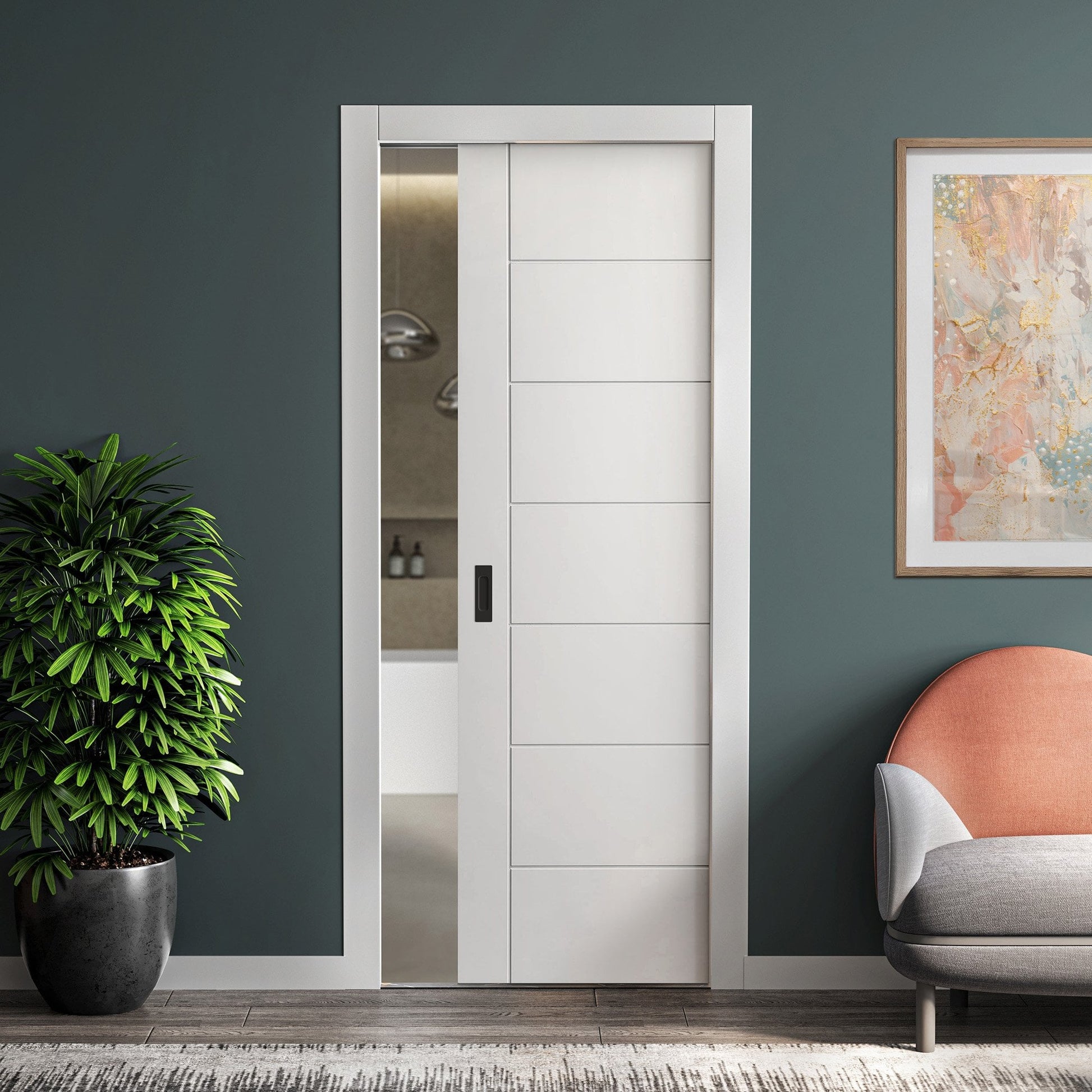White Primed Internal Pedrena 7 Panel Framed Pocket Door Set (123264)