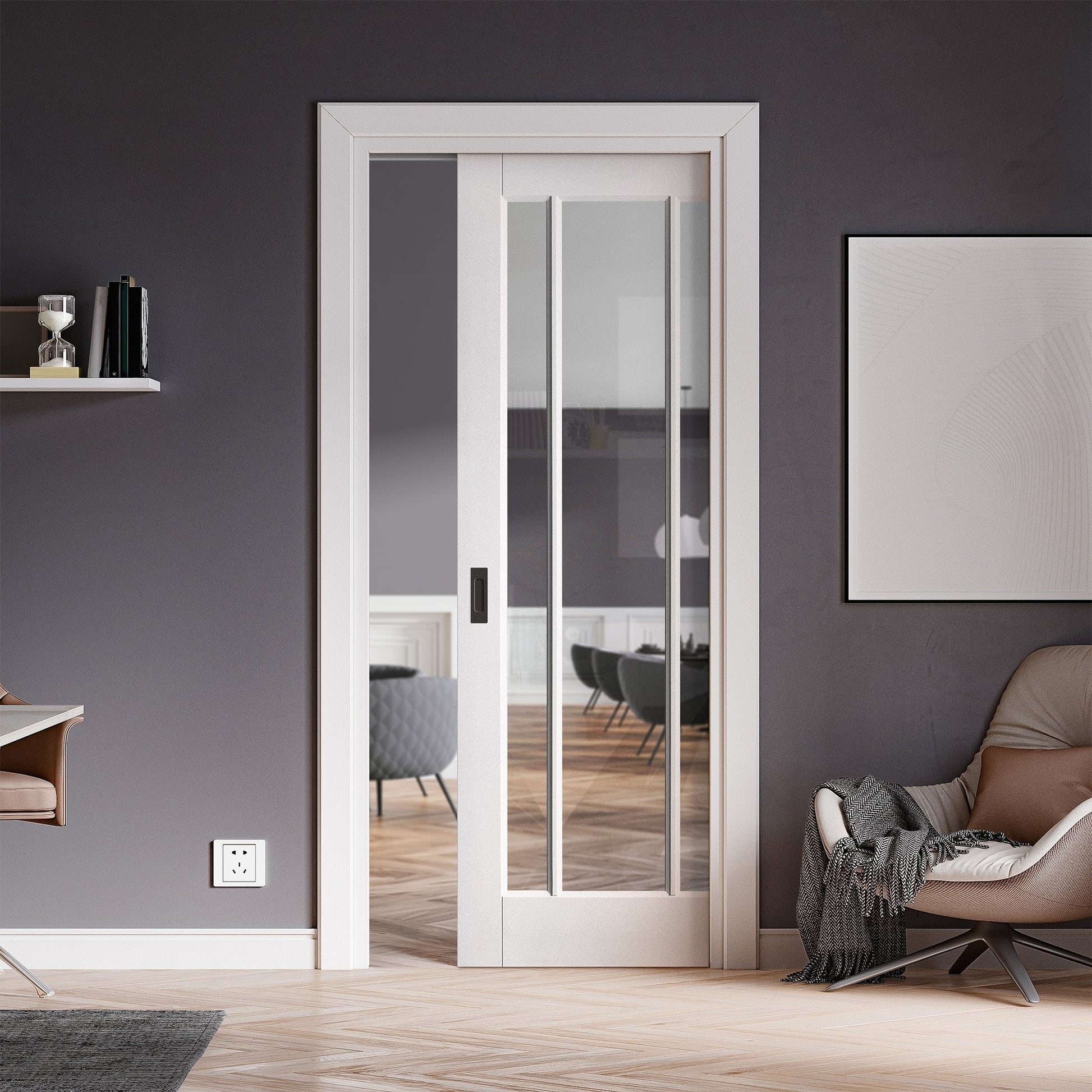 White Primed Internal Toledo 3 Light Clear Glass Framed Pocket Door Set (123270)