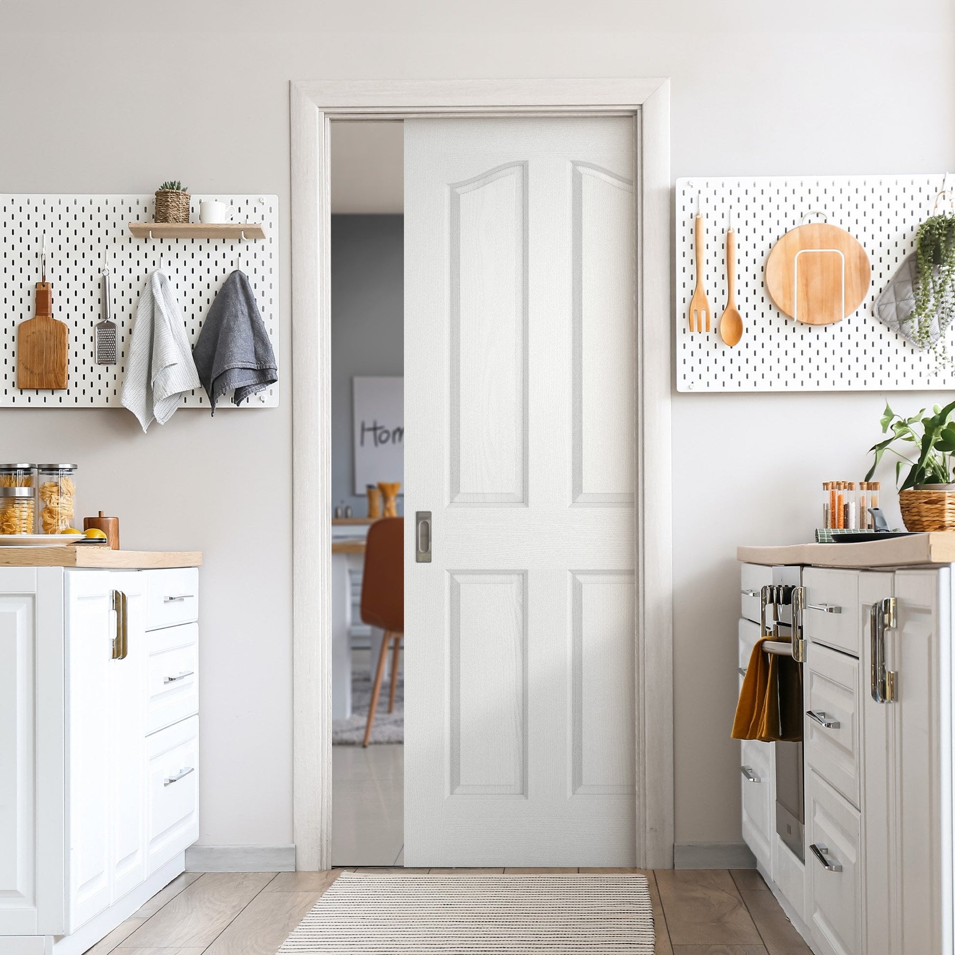 White Lifestyle Textured 4 Panel Arched Top Framed Pocket Door Set (123284)