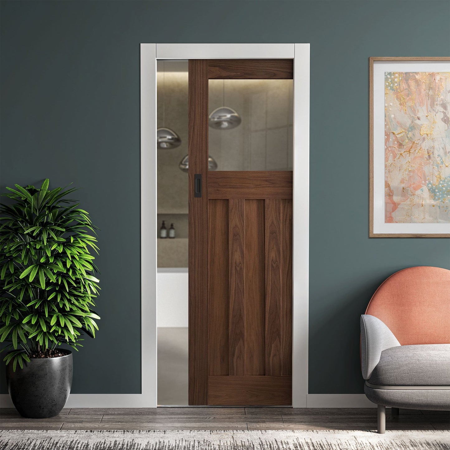 Walnut Fully Finished Internal Clear Glass DX Framed Pocket Door Set (123227)