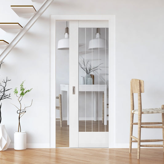 White Primed Internal Cottage 1 Light Glazed Obscure Lined Framed Pocket Door Set (123245)