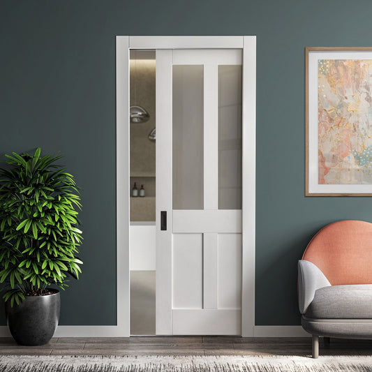 White Primed Internal Victorian 2 Panel 2 Light Obscure Glass Framed Pocket Door Set (123276)