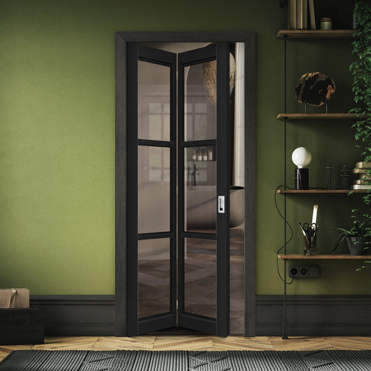 Black Internal Fully Finished Industrial 3 Light Clear Glass Bi-fold Door (121175)