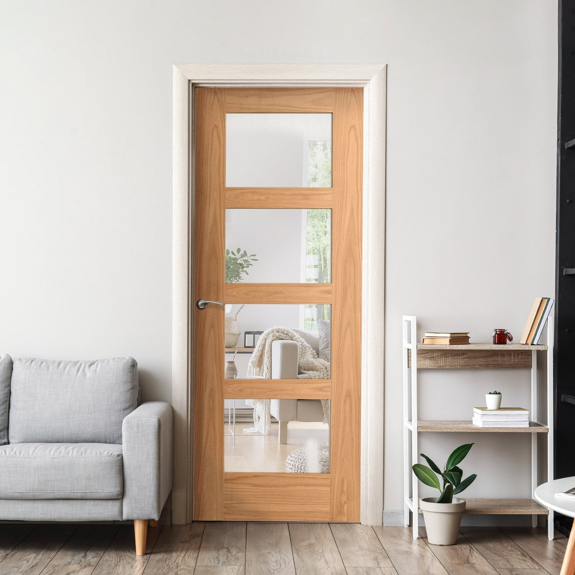 Oak Internal Unfinished Shaker 4 Light Clear Glass Made-to-Measure FD30 Fire Door (122634)
