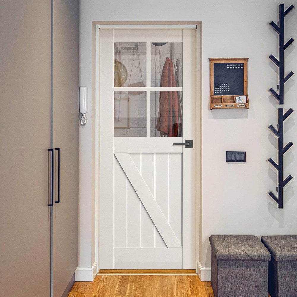 White Internal Primed Barn FLB 4 Light Clear Glass Door (88076)