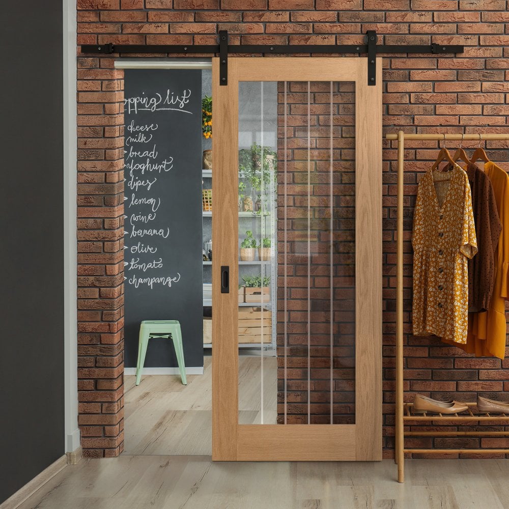 Oak Internal Unfinished Farley 1 Light Obscure Lined Clear Glass Sliding Door - Black Face Mounted (119944)