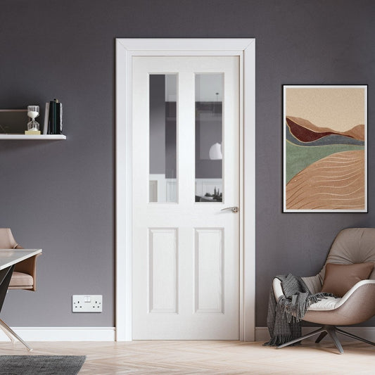 B-Grade White Internal Primed Lifestyle Textured Square Top 2 Light Clear Glass Door (BGR-LIBW4PG)