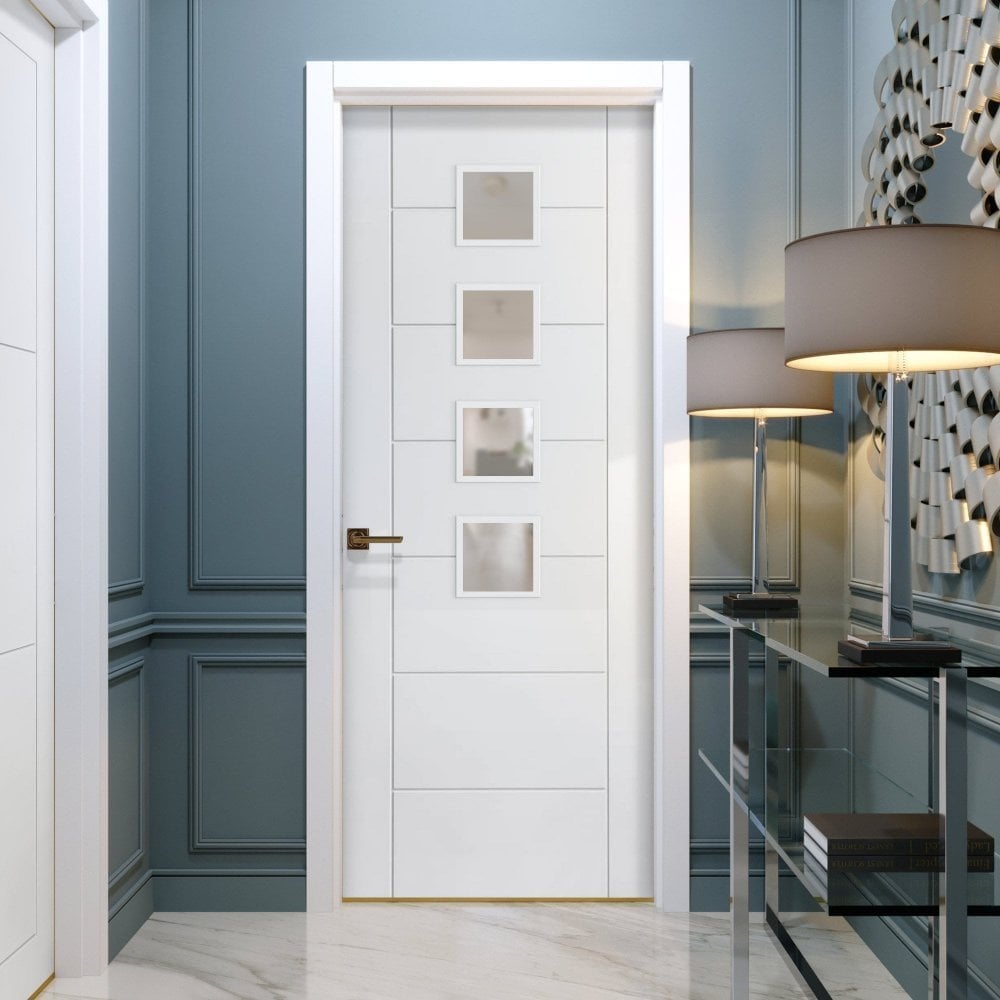 B-Grade White Internal Primed Pedrena 4 Light Obscure Glass Door (124076)