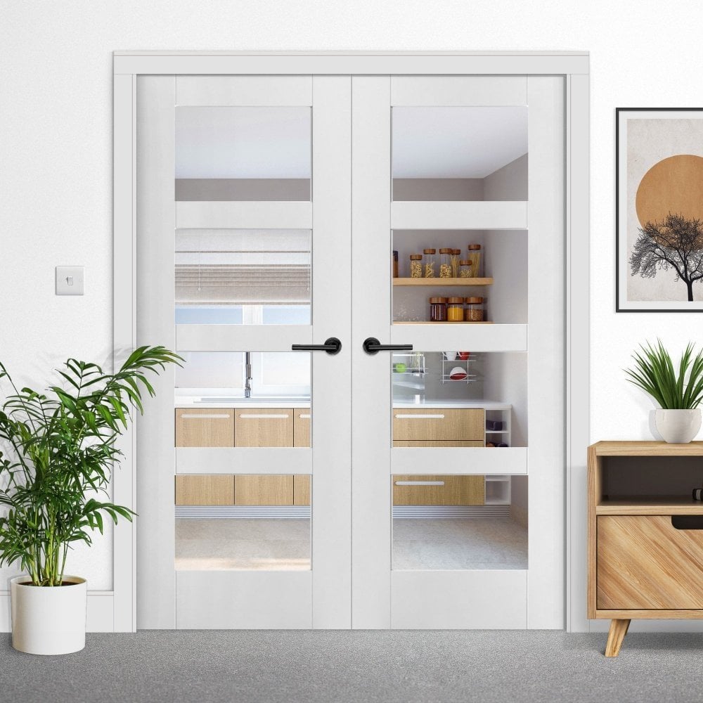 B-Grade White Internal Primed Shaker 4 Light Clear Glass Pair Door (IWPS4PCGPAIR)