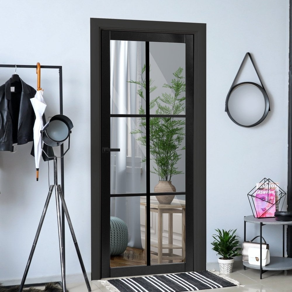Jet Black Internal Fully Finished 6 Light Clear Glass Industrial Studio Door (124162)