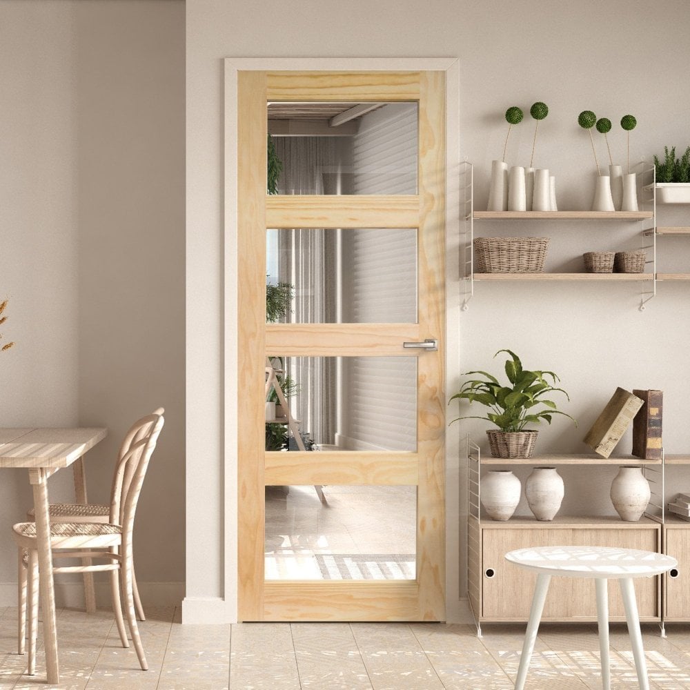 B-Grade Clear Pine Internal Unfinished Shaker 4 Light Clear Glass Door (124280)