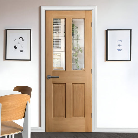 Oak Internal Unfinished Traditional Victorian 2 Panel 2 Light Bevelled Clear Glass Door (51746)