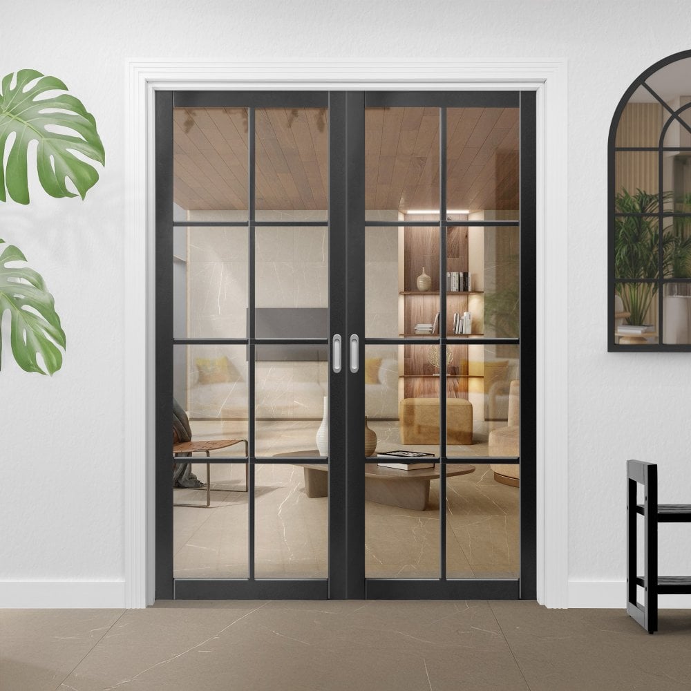 Jet Black Internal Fully Finished Industrial Studio 8 Light Clear Glass Pair Door (121358)