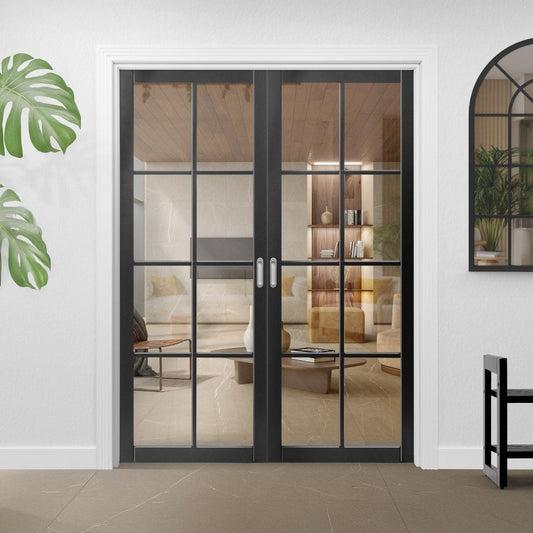 Jet Black Internal Fully Finished Industrial Studio 8 Light Clear Glass Pair Door (121358)