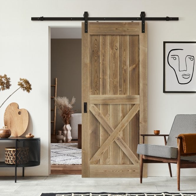 Carbonised Internal Pine 1 Panel X Brace Sliding Barn Door - Black Face Mounted
