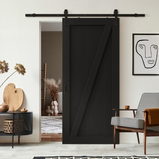 Black Internal Primed 1 Panel Brace Sliding Barn Door - Black Top Mounted