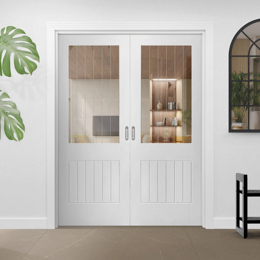 Internal White Primed Cottage 1 Light Etched Lined Clear Glass Pair Door (121408)