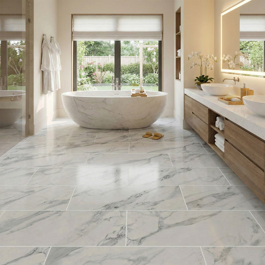 White Gloss Marble - Luxe Vision Pre-Grouted 5.5mm Stone Embossed UV Coated Rigid Core Vinyl Flooring (123035)