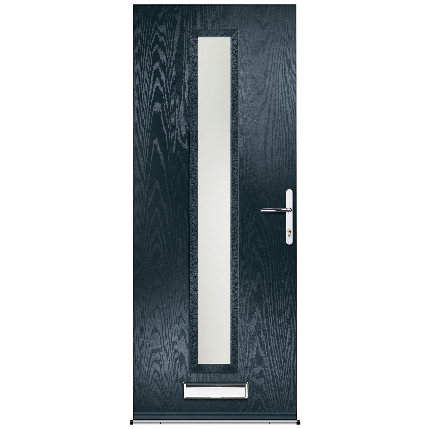 Dark wooden door with a glass panel on a white background