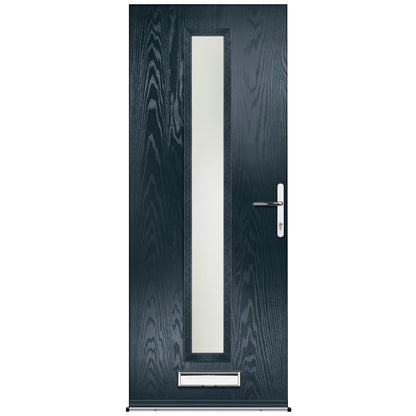 Dark wooden door with a glass panel on a white background