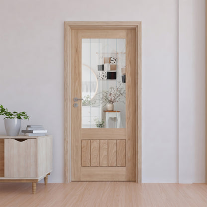 Oak Internal Unfinished Farley 1 Panel 1 Light Obscure Lined Clear Glass Door