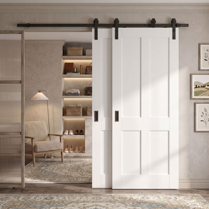 White Primed Victorian Shaker 4 Panel Bypass Sliding Door - Black Face Mounted